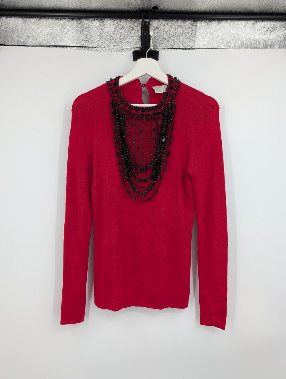 Boston Proper Red Knit Sweater Black Cascading Beading Attached Size Med Holiday